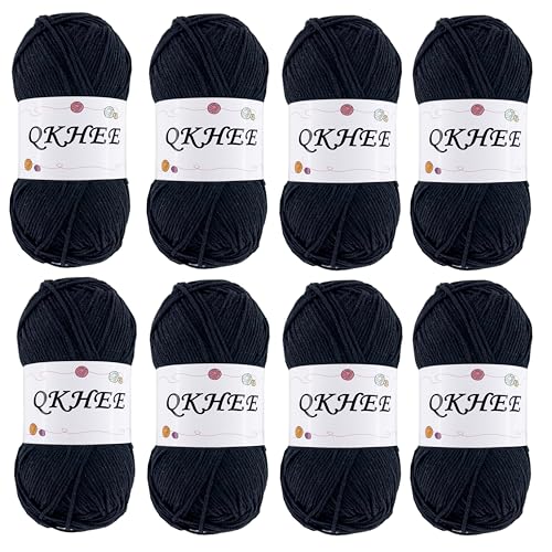 Yarn for Crocheting and Knitting 8 * 1.76 Oz (50G) /195yd, Fine/Fingering Weight (1), 60% Cotton 40% Acrylic Soft Yarn kit for Making Granny Squares and amigurumi (Black) - color: Black