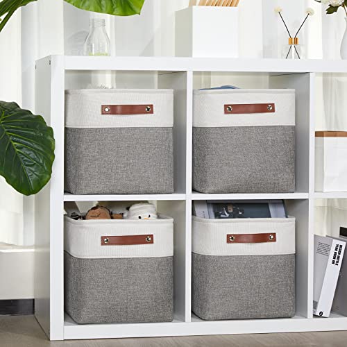 DULLEMELO 11 Inch Cube Storage Bins (Set of 4), Fabric Storage Baskets for Standard Cube Organizers, High-Capacity Collapsible Bins with PU Leather Handles for Closet, Nursery, and Shelves-White&Grey - color: White&Grey, size: S-11"x11"x11"