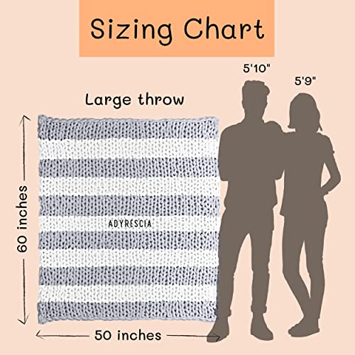 Chunky Knit Blanket Throw | 100% Hand Knit with Jumbo Chenille Yarn (50"x60", Gray and White Stripes) - color: Gray and White Stripes, size: 50"x60"