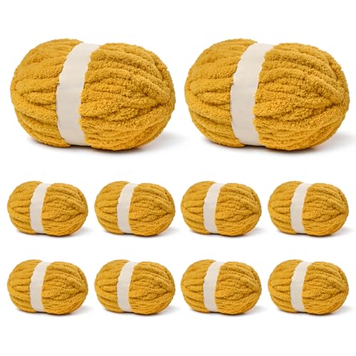 10 Pack Turmeric Fuzzy Chunky Yarn for Hand Knitting, Bulky Thick Fluffy Chenille Yarn for Crocheting, 240yds/70.5oz Jumbo Crochet Yarns, Soft Chunky Knit Blanket Yarns for Crochet - color: 10 Turmeric
