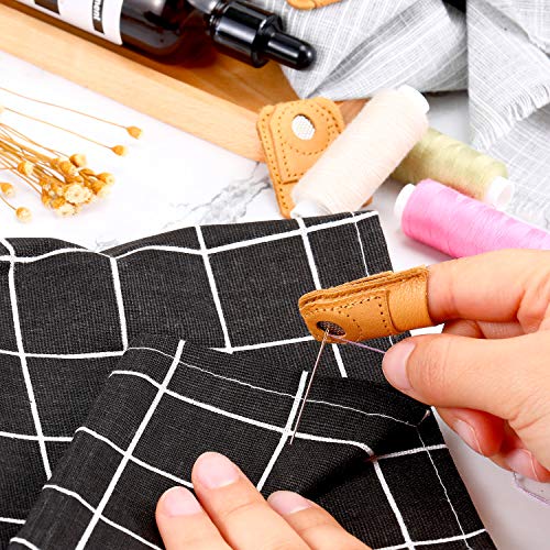 WILLBOND 4 Pcs Leather Thimble Finger Protector for Hand Sewing, 2 Sizes | Coin Shape, Quilting Knitting Needlework Use, Soft Cowhide, Fits Most Fingers, 2 Pcs Each Size