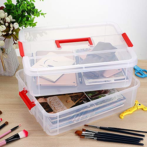 BTSKY 2 Layer Stack & Carry Box, Plastic Multipurpose Portable Storage Container Box Handled Organizer Storage Box for Organizing Stationery, Sewing, Art Craft, Jewelry and Beauty Supplies(Red) | Multipurpose Craft Organizers and Storage for Organizing St
