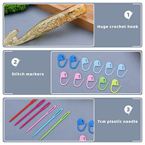 Mayboos 25mm Large Crochet Hook, Big Yarn Crochet Hooks Needles | Extra Long Large Size Plastic Handle Knit Crochet Hooks with 10 Stitch Markers and 6 Big Eye Needle - size: 25mm