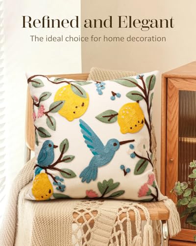 Embroidered Throw Pillow Cover 18x18 Inch, Bird Lemon | Decorative Pillow Cover, Farmhouse Cushion Case with Hidden Zipper, Cottagecore Decor for Couch, Sofa, Living Room, Bedroom - color: Bird Lemon, size: 18" x 18" (Pack of 1)