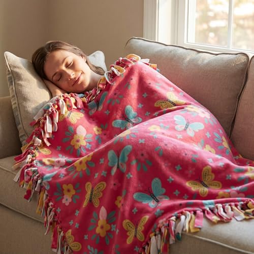 HunnmingRe 3 Pcs No Sew Blanket Kit,Butterfly and Flowers,Rose Pink | DIY Fleece Tie Blankets Kit Include 50x60 Inch No Sew Fleece Fabric and Ruler Template DIY Throw Making for Bed Couch - color: Rose Pink, style: Butterfly and Flowers