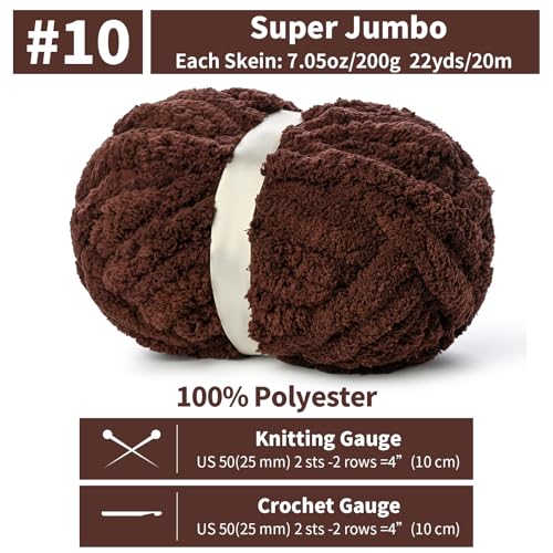 Chunky Jumbo Chenille Yarn #10 Coffee 10 Pack | 200g/22yds Super Bulky Baby Soft Yarn for Hand Knitting Fluffy Chunky Knit Throw Blanket Yarn - color: Coffee