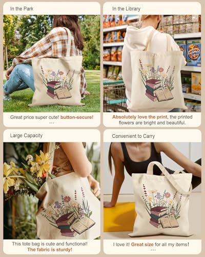 Miss Adola Aesthetic Tote Bag for Girls - with Magnetic Buckle and Zipper Inner Pocket for Women Lady Canvas Cotton Tote Bag - color: Book Flower