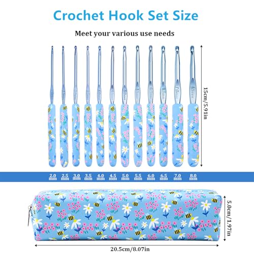 Blingcute 12 Pcs Ergonomic Crochet Hook Set 2-8 mm with Floral Case. | Smooth aluminum tips work across varied yarn weights; engraved markings stay easy to identify throughout each project.