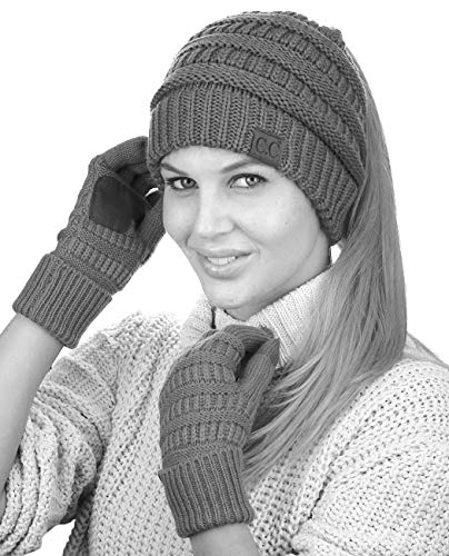 C.C BeanieTail Messy High Bun Cable Knit Beanie and Anti-Slip Touchscreen Gloves Set - color: Camel