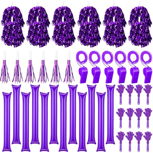 48 Pcs Cheerleading Pom Poms Thunder Sticks Plastic Whistles with Lanyards Squawker Horns Hand Clappers - color: purple