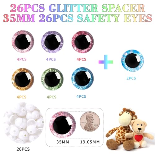 MUCUNNIA 52pcs 35mm 3D Glitter Plastic Safety Eyes for Amigurumi Trapezoid Craft Crochet Doll Eyes with Washers Stuffed Animal Eyes for DIY of Puppet, Bear Plush Animal Halloween Decorations(7 Colors) - size: 35mm