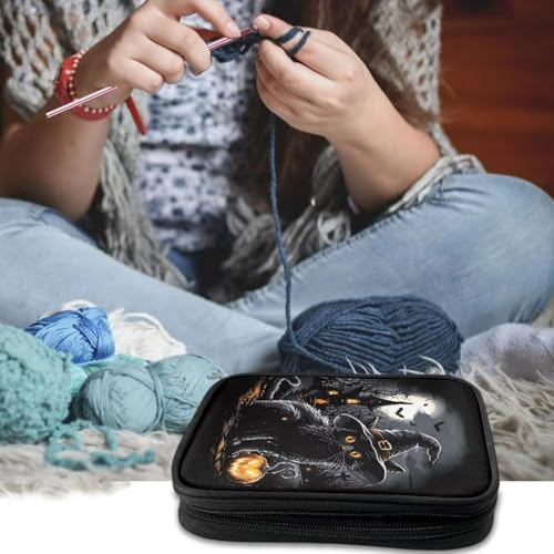 Black Cat Crochet Hook Case Haunted House Bat Portable Knitting Needle Case with Web Pockets Swing Crochet Hooks Accessories Halloween Home Gifts - color: Black Cat Haunted House Bat