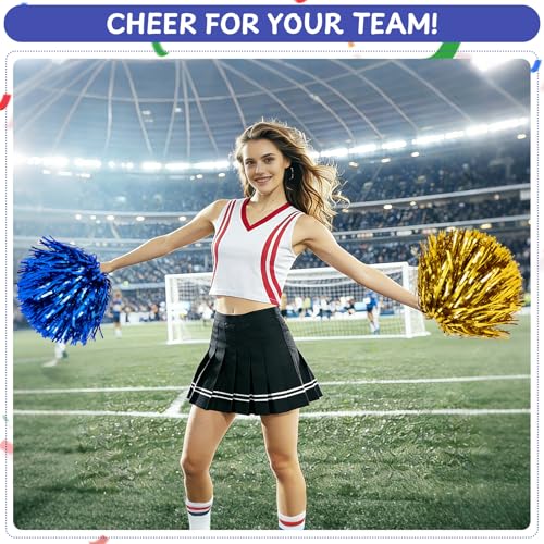 16/60/100PCS Pom Poms Cheerleading Metallic Foil Cheer Pom Poms with Plastic Handles, Cheerleader Pom Poms for Cheering Squad Team Spirited Sports Game Dance Party - color: gold and blue