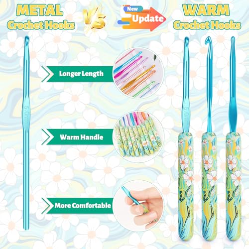 Coopay Warm Crochet Hooks Comfort Grip Longer Aluminum Crochet Hook Set | 9pcs 2.0mm-6.0mm(B-J) Smooth Crochets Needles Set for Crocheting, Green Daisy Soft Handle for Beginners and Arthritic Gifts - color: Green Daisy