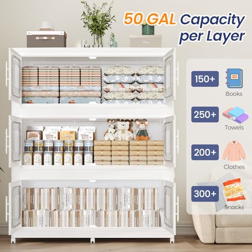 250Gal Extra Large Stackable Storage Bins with Wheels & Lid & Doors, 200QT/50GAL 5-Tiers Collapsible Plastic Drawers Containers Closet Organizers Boxes for Home Kitchen Bedroom, White - color: White, size: 50Gal-5Pack