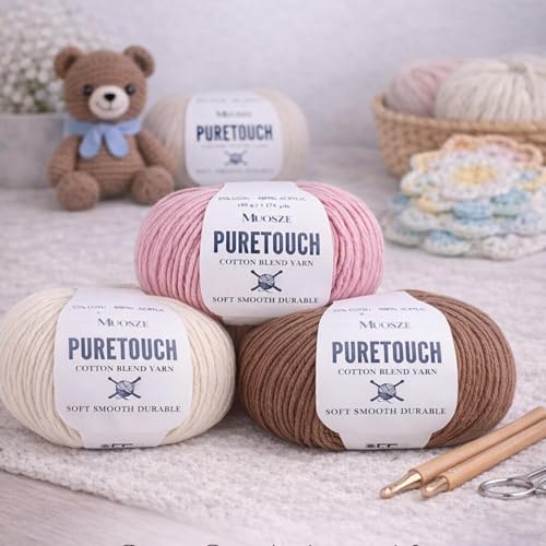 PureTouch Cotton Blend Yarn, Soft & Durable Crochet Yarn for Knitting & Amigurumi, 174 Yards, 50g, 55% Cotton 45% Acrylic (Light Sky Blue, 4 SKEINS) - color: Light Sky Blue, size: 4 SKEINS