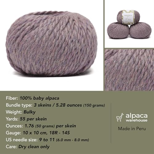100% Baby Alpaca Yarn 3 Skeins 150g Bulky Weight Knitting Crochet H. Lilac | Made in Peru with natural warmth and softness featuring 162yd of premium fiber ideal for scarves shawls sweaters and more - color: Heather Lilac, size: Bulky - 3 Skeins