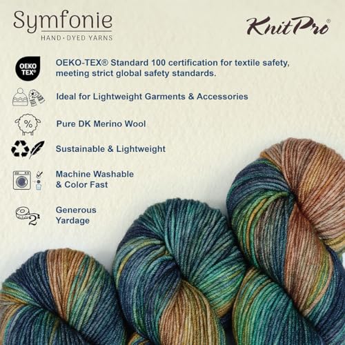 KnitPro Symfonie DK Weight Merino Wool Yarn 240yds, 100g, Riverbank | 100% Extrafine Merino, Hand Dyed, OEKO-TEX Certified, Superwash, Colorfast, #3 Yarn Skein for Knitting & Crochet - color: Riverbank