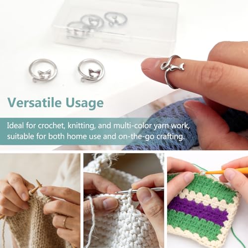 6PCS Silver Adjustable Crochet Tension Rings Set, Cat Yarn Guide Finger Rings with Storage Box for Knitting & Crochet ﻿