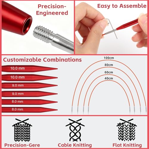 Interchangeable Circular Knitting Needles Set, 13 Pairs (26pcs) Matte Red Aluminum Knitting Needles Kit, Sizes 3.0mm–10.0mm, Knitting Needle Case & Accessories for Knitting Beginners & Advanced - color: Matte Red
