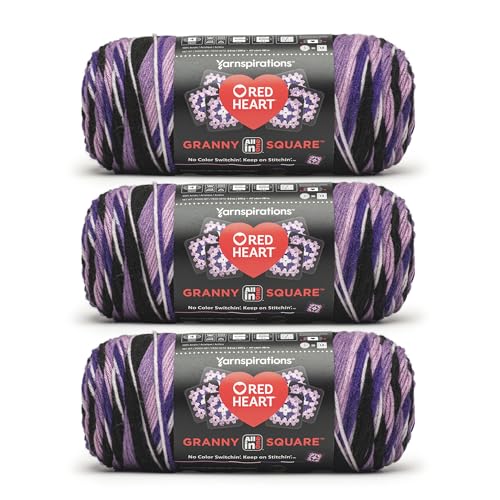 Red Heart Granny Square Crochet Yarn, Black-Grape Granny, 3-Pack | All In One Granny Square Yarn, #4 Medium Worsted Weight 100% Acrylic, Makes Up to 14 Squares, 440 yards, 250g/8.8oz - color: Grape Granny, size: 250g/417yds per ball, pack of 3