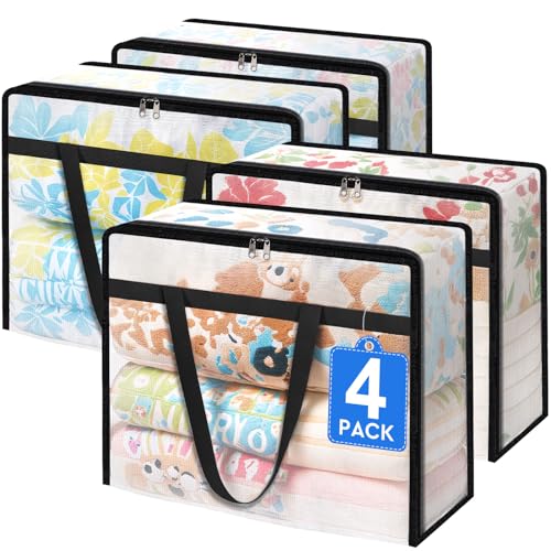 TasticTotes 4 Pack Clear Storage Bags for Comforter, Clothes & Bedding, 40L | Plastic Blanket Storage with Zipper & Handle, Foldable Moving Bags, Closet Organizer and Under-Bed Storage Containers - size: 40L
