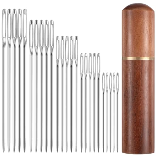 25 PCS Yarn Needle Large Tapestry Needles, Stainless Steel Embroidery Needles, Pointed Sewing Needle with Solid Wood Case for Leather, Tapestry, Knitting and Crafts