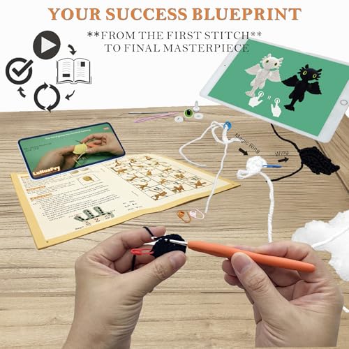 LuNuaFvy Crochet Kit for Beginner Adult/Teen/Kid 9+ - Learn to Crochet Animal Amigurumi Dragon Set with Left/Right-Handed 4hr Video, 3-Format Guides, Gift-Ready Packaging, Soft Yarn & Storage Bag - color: Dragon-Black-white