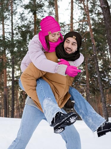 LOROME Winter Beanie Hat Scarf Gloves, Warm Fleece Knit Neck Scarf Set Gift | Hats Gloves Scarf Set, Touchscreen Gloves, Universal Size Neck Scarf Set Winter Gifts for Unisex Adult Winter Wear - color: Rose Red