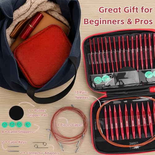 Interchangeable Circular Knitting Needles Set, 13 Pairs (26pcs) Glossy Red Aluminum Knitting Needles Kit, Sizes 3.0mm–10.0mm, Knitting Needle Case & Accessories for Knitting Beginners & Advanced - color: Glossy Red