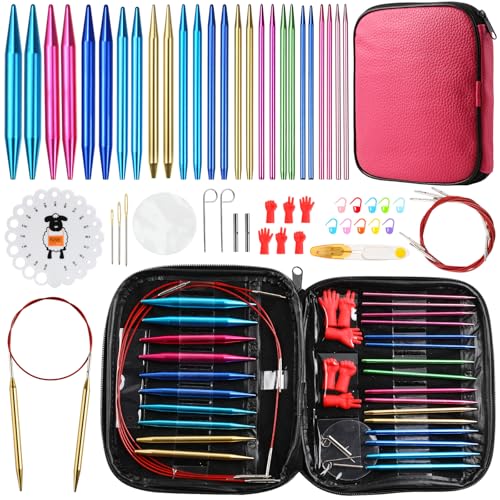 57 PCS Knitting & Crochet Kit, Aluminum Circular Knitting Needles Set 3.0mm–10.0mm with 4 Flexible Cables, Crochet Hooks & Accessories, Beginner Craft Starter Kit with Storage Case - color: Rose Red