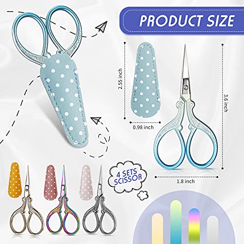 Honoson 4 Pcs Small Embroidery Scissors, 3.6", Simple, Retro Colors | Sewing Scissors with Leather Cover, Sharp Tip for Needlework Cross Stitch Crochet Knitting Craft, Stainless Steel Stork Shear - color: Retro Colors