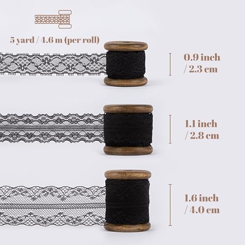 Vitalizart Blace Lace Ribbon Sewing Fabric 3 Rolls Floral Lace Trim 15 Yds | Wooden Spool Fabric Ribbons For Crafts Gift Wrapping Wedding Flower Bouquet Bridal Shower Baby Shower Birthday Hair Bows - color: Black