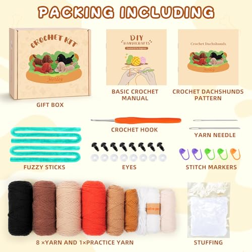 Crochet Kit for Beginners Adults, 4 PCS Dachshund Puppy Crochet Kits | w/ Step-by-Step Video Tutorials, Beginner Crochet Kit for Adults, Crochet Animal Kit, Creative Crochet Gift for Dog Lovers - color: dachshund puppy