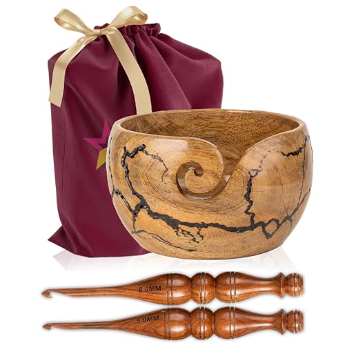 Mangowood Yarn Bowl for Crocheting, Large 7x4 inch Cute Crochet Wooden Yarn Holder & Knitting Gadgets Supplies, Gifts for crocheters Handmade Bowl with Fractal Burning & Black Resin Inlay (M-Black) - color: M-Black