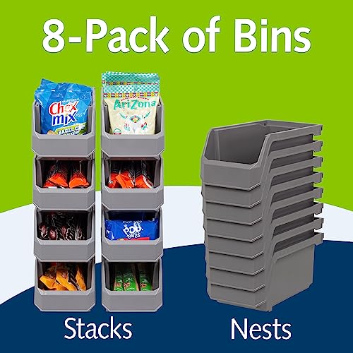 ReadySpace Medium Stackable Plastic Storage Bins, 8-Pack, Gray | Open-Front Stackable Bins For Garage, Pantry, Closet & Office, 11"L X 5,5"W X 5"H, Nests When Empty, Durable Plastic, - color: Grey, size: Medium, 8-Pack