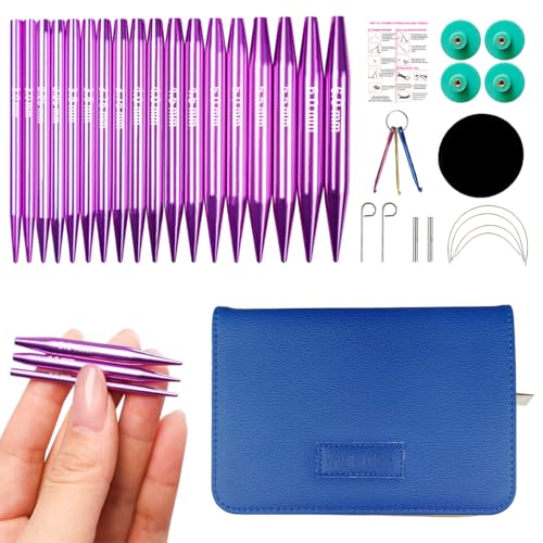 Lewhoo 9 Pair Short Circular Knitting Needles Set with 4 Cables 3.0~6.0mm | Aluminum Interchangeable Knitting Needle Purple With Case - color: Purple