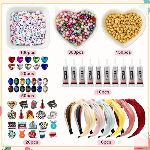 636 Pieces DIY Headband Making Kit Gift Make Your Own Fashion Hair Accessories Set with Teacher Pencil School Alphabet Beads Rhinestone Diamond Pearl for Summer Classmate Graduation Supplies - style: School Themed Style