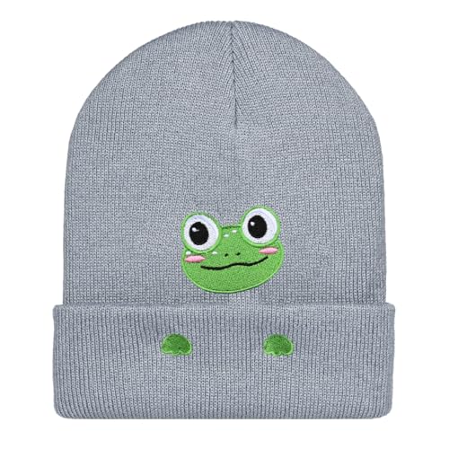 Personality Animal Head Embroidery Knit Beanie Hat for Adult and Big Kids Winter Warm Skull Cuffed Hats - color: Frog-grey
