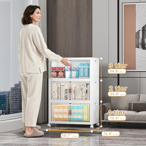 UAMFURI Stackable Storage Bins, 312QT Collapsible Drawers with 2 Lids | Large Capacity, Magnetic Door, Stack Lock, Rolling Wheels, Foldable Design, Organizers and Storage for Bedroom Dorm Garage - color: White-52qt, size: 6Pack with 2 top lids