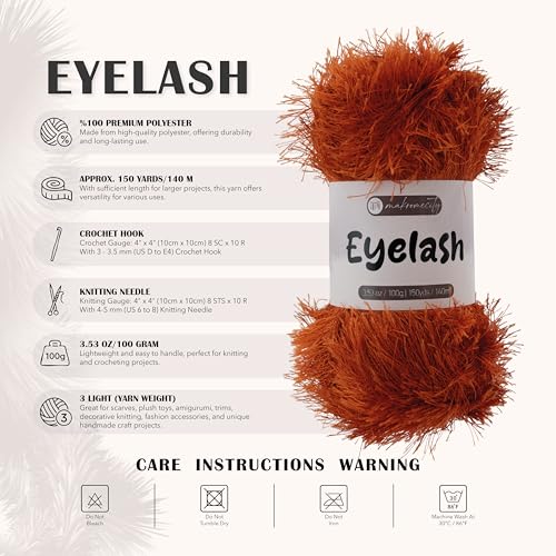 Makromecity Eyelash Yarn – Fuzzy Fun Fur Yarn, 3.53 Oz (100g) 150 yd (140m), Weight 3 Light, Premium Polyester Novelty Feather Yarn for Scarves, Amigurumi, Plush Toys & Craft (Brick, 3 Skeins) - color: Brick, size: 3 Skeins