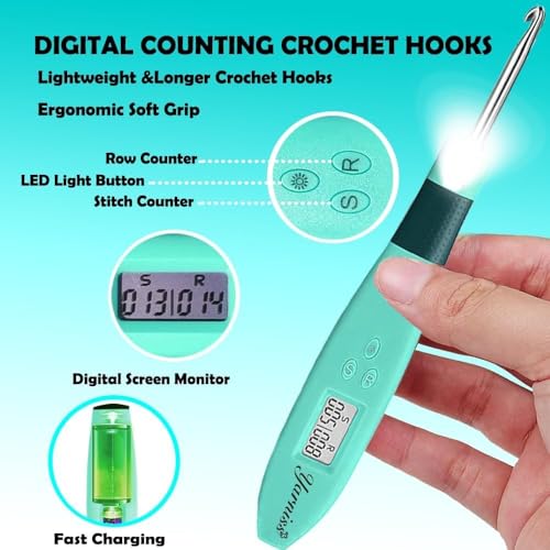 Yarniss 18 Size Counting Crochet Hooks Set with Light Handle 2.0mm~14.0mm | Digital Counter Crochet Hook with Metal Head,Glow In Dark Better for Night Crocheting - color: Turquoise-18 Size with Light & Counter