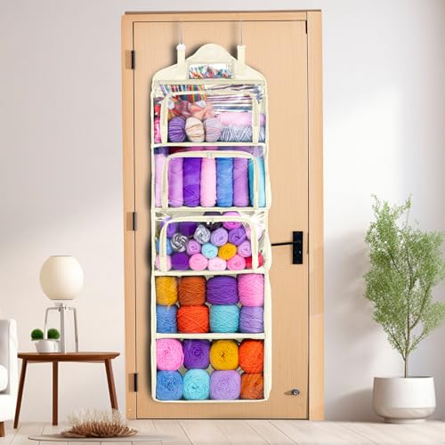 MYBAGZING Hanging Yarn Storage Organizer –Over-The-Door Crochet Organizer with Both Front and Side Zipper Closure -Large Capacity Clear Yarn Holder for Crochet Hooks, Knitting Needles & Accessories - color: Ivory