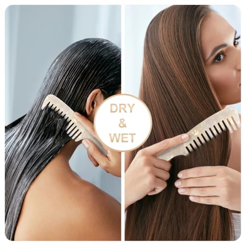 Large Wide Tooth Hair Comb Tortoise Shell Comb for Thick Curly Hair | Cellulose Acetate Hair Detangling Comb Round Tooth for Women Men or Kids, Anti-Static Wet or Dry, White - color: White