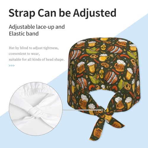 MOLIAN Dental Tooth Adjustable Working Cap Surgical Headgear for Women Men | Adjustable Tie Back Scrub Caps with Button Built-in Sweatband Working Cap for Nurses Doctors and Workers - color: Doodle Beer Oktoberfest