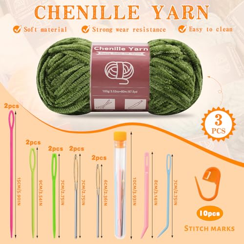LUNARM Chenille Yarn 3 Pack 3.5oz Chunky Blanket Velvet Yarn 263 Yard | Olive-Green Chunky Chenille Yarn for Beginners Crocheting Hand Knitting Scarves with Big Eye Needles Machine Washable - color: Olive-Green