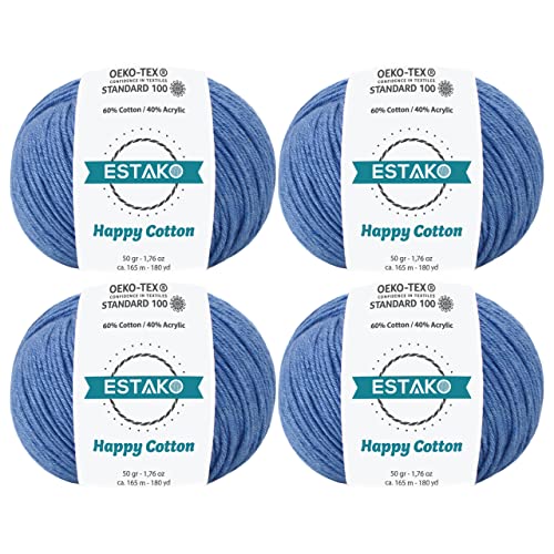 Estako Happy Cotton 60% Cotton Blend Yarn, Sport 2, Denim Blue, 4-Pack | soft, fine, 200 g, 720 yds, baby clothes, amigurumi, 2-3 mm hook, summer tops, hats, blankets - color: 4230 - Denim Blue, size: 4 Skeins