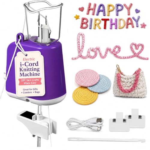 iplusmile Automatic i-Cord Knitting Machine, Electric Yarn Cord Maker Tool for Knitted Wire Art, Tricotin Crochet French Knitter with Fixator Clamp & USB Cable (Purple) - color: Purple