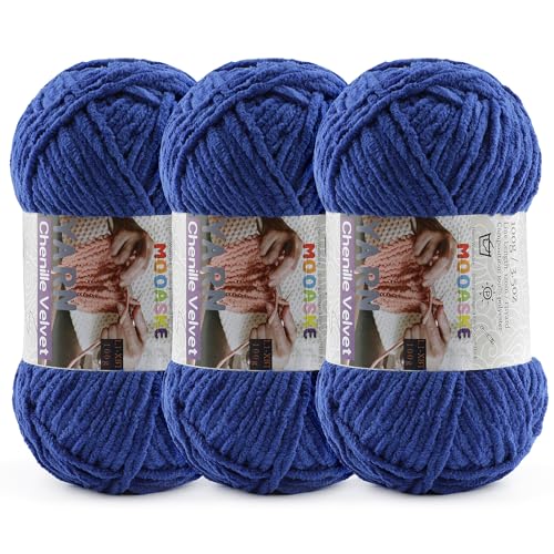 Mooaske Chenille Yarn for Crocheting, 300g/393yds Fluffy Baby Blanket Yarn | Soft plush thick chenille yarn for crocheting. 300g/393yd total. Ideal for baby blankets, amigurumi, scarves & home decor. - color: Dark Blue