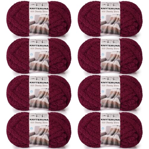 Chunky Yarn for Hand Knitting, #10 Chunky Blanket Chenille Yarn, Large Bulky Thick Jumbo Yarn, Super Chunky Knit Yarn for Crocheting, 8 Skein (8 oz 22 yds Each Skein), Burgundy - color: Burgundy